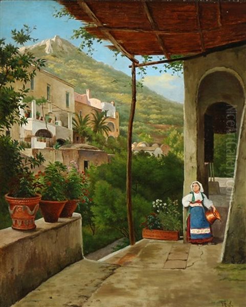 An Italian Woman In A Pergola Oil Painting by Harald Schumacher