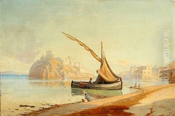 Coastal Scene From The Bay Of Naples, In The Background The Island Of Ischia Oil Painting by Harald Schumacher