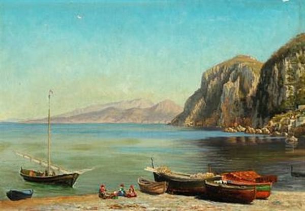 A View From Capri With People On The Beach Oil Painting by Harald Schumacher
