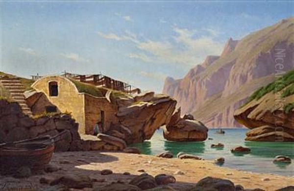 Rocky Coast With A Fisherman Drying His Fishing Nets, Capri Oil Painting by Harald Schumacher