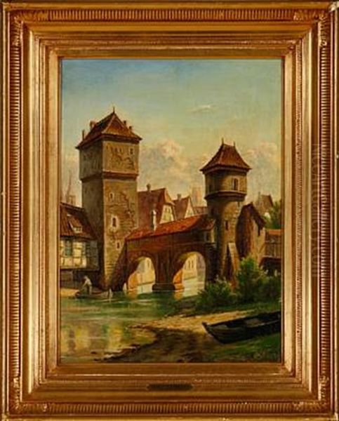 Overlooking The Hangman Bridge In Nuremberg Oil Painting by Harald Schumacher