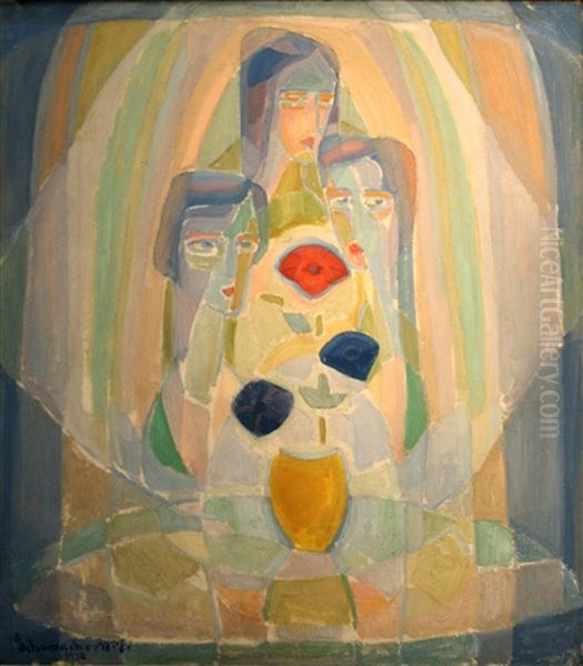 Three Women With A Vase Of Flowers Oil Painting by William Schumacher