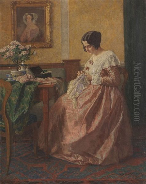 Dame Im Salon Bei Der Handarbeit Oil Painting by Karl Maria Schuster