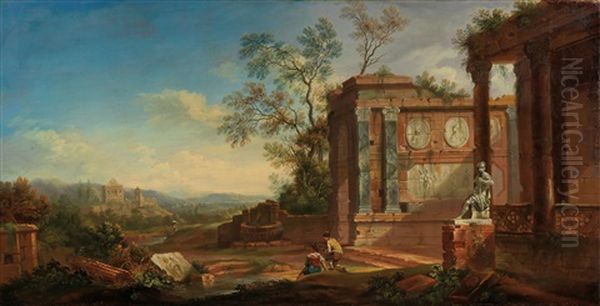 A River Landscape With Ancient Ruins Oil Painting by Christian Georg Schuetz the Elder