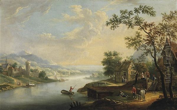 Sommerliche Fluslandschaft Mit Fahrstation Oil Painting by Christian Georg Schuetz the Younger