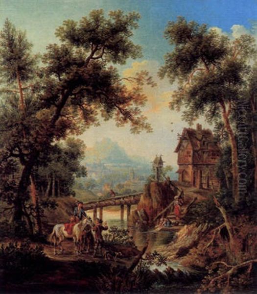 Bewaldete Fluslandschaft Mit Einem Reiter Oil Painting by Christian Georg Schuetz the Younger