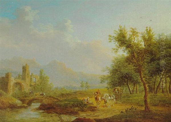 Fluslandschaft Mit Ruinen Und Reisenden Oil Painting by Christian Georg Schuetz the Younger