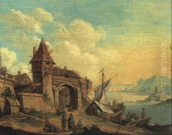 Stadt An Einem Fluss Mit Figuren Und Booten (sommer) Oil Painting by Christian Georg Schuetz the Younger