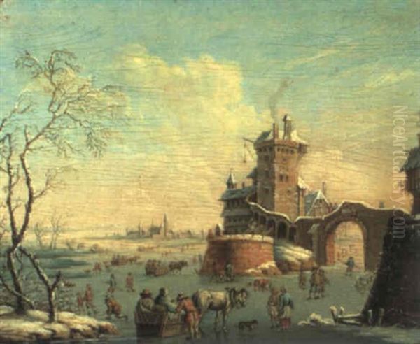 Eisvergnuegen Auf Einem Zugefrorenen Fluss Vor Einer Stadt Oil Painting by Christian Georg Schuetz the Younger