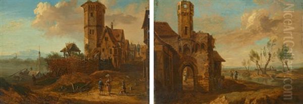 Flusslandschaften Mit Figurenstaffage (pair) Oil Painting by Franz Schuetz