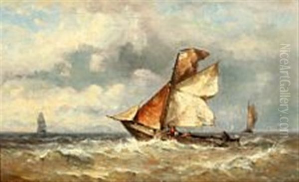 Fishermen At Sea, Working Oil Painting by Johannes Frederick Schuetz