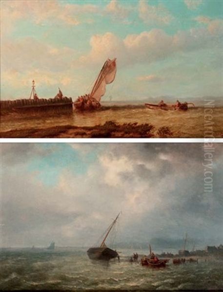 Busy Fishermen (+ Another; 2 Works) Oil Painting by Johannes Frederick Schuetz