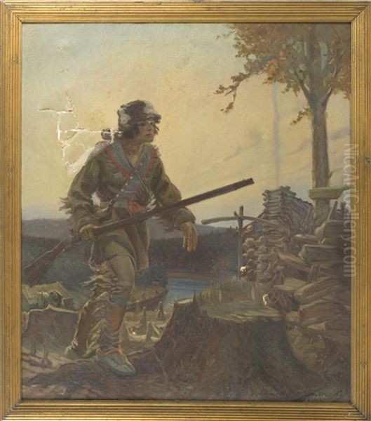 A Young Boy Hiking With A Rifle Oil Painting by Remington Schuyler