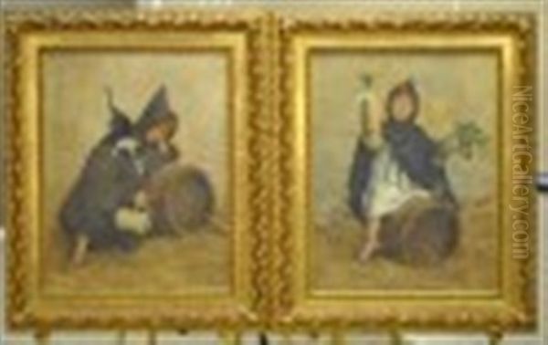 Pair Of Munchner Kindl (munich Child) Paintings Oil Painting by Alfred Schwarz