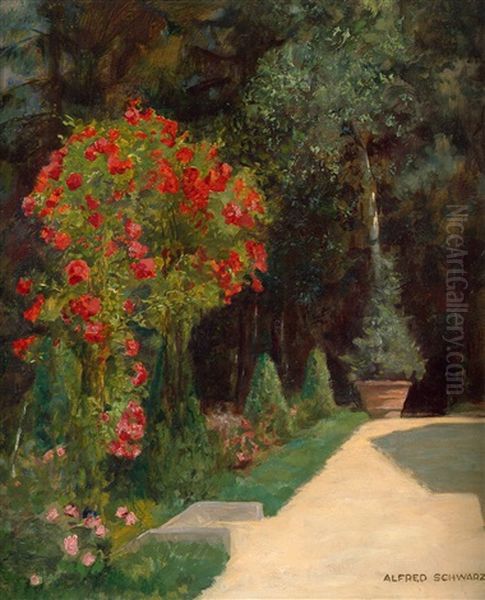 Garten Mit Bluhendem Rosenstock Oil Painting by Alfred Schwarz