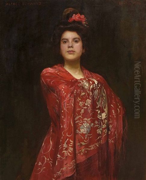 Dame In Rotem Kimono Oil Painting by Alfred Schwarz