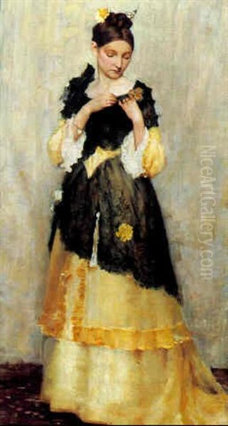 Ung Pige Der Saetter En Blomst Pa Sin Kjole Oil Painting by Frans (Johan Georg F.) Schwarz