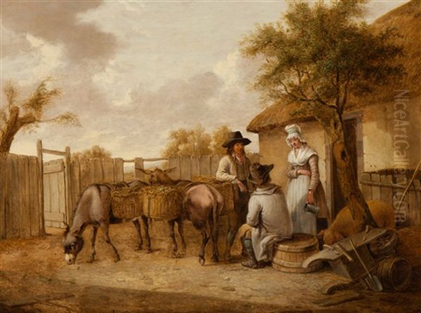 Three Figures With Donkeys On A Farmyard Oil Painting by Heinrich Wilhelm Schweickardt