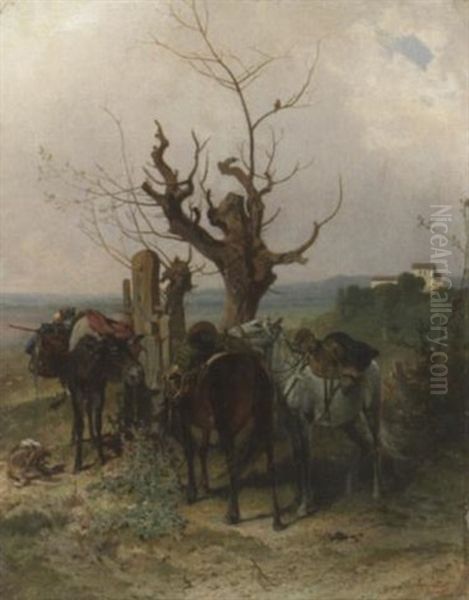 In Der Romischen Campagna. Zwei Gesattelte Pferde Und Ein Packesel Vor Einem Alten Gatter Oil Painting by Ernst Schweinfurth