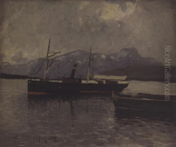 Fjordlandschaft Mit Dampfschiff Oil Painting by Adolf Gustav Schweitzer