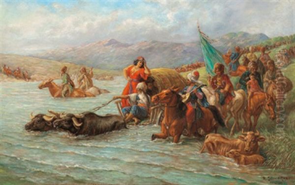 Flussuberquerung Im Kaukasus Oil Painting by Reinhold Schweitzer
