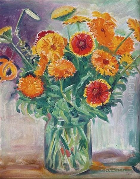 Zinnien In Einer Glasvase Oil Painting by Karl Schwesig