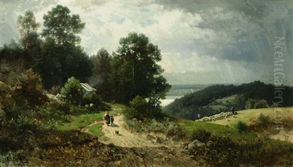 Landschaft Mit Schafherde Und Bauerin Mit Bub Oil Painting by Ludwig Sckell