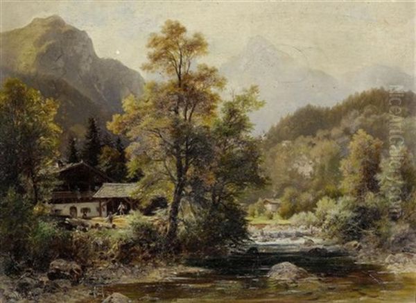 Flusslandschaft Mit Einem Bauernhaus Oil Painting by Ludwig Sckell