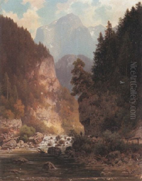 Gebirgsschlucht Mit Bach Und Einem Hirten Mit Seinen Ziegen Oil Painting by Ludwig Sckell