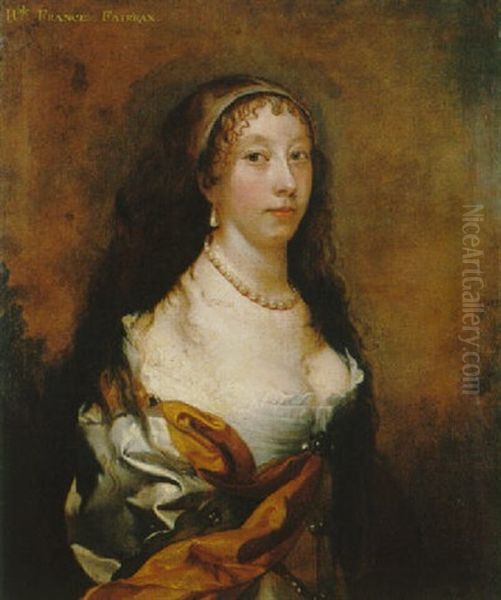 Portrait Of Frances Fairfax, Half Length, Wearing A White Satin Dress And Orange Robes Oil Painting by John Scougall