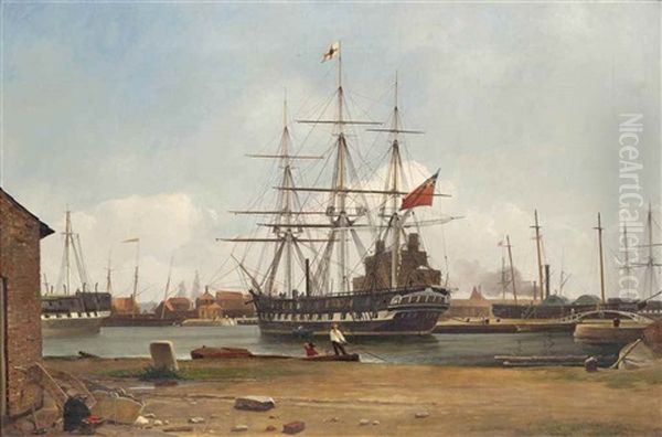 The Blackwall Frigate Vernon, Flying The Wigram & Green House Flag, Lying Alongside The Docks Prior To Her Maiden Voyage Oil Painting by Charles Henry Seaforth