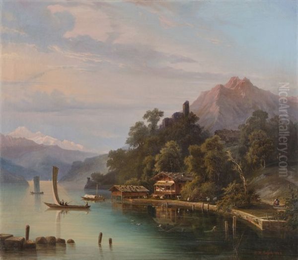 Ufer Des Vierwaldstattersees Mit Booten, Reizvoller Tier- Und Figurenstaffage Sowie Blick Auf Pilatus Und Habsburg Oil Painting by Hermann Ludwig Seefisch