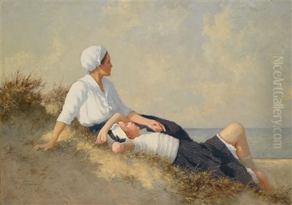 Mutter Und Tochter Am Strand Oil Painting by Hermann Seeger