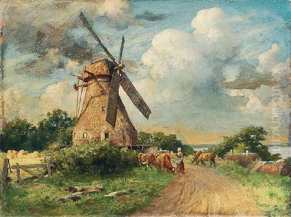 Muhle In Elblandschaft Mit Kuhen Oil Painting by Hermann Seeger