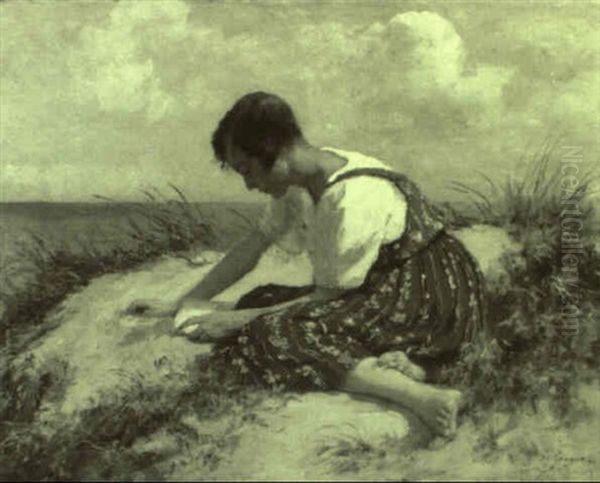 Eine Junge Frau In Den Sanddunen Oil Painting by Hermann Seeger