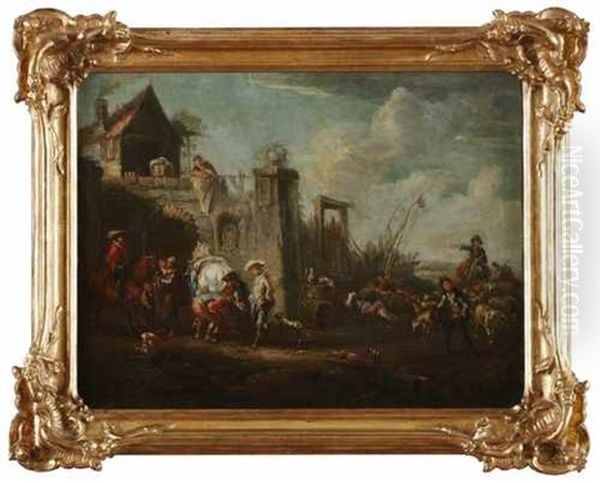 Zwei Reiter Vor Einer Landlichen Schmiede Mit Reicher Personenstaffage Oil Painting by Johann Conrad Seekatz