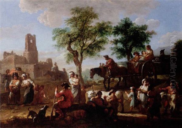 A Landscape With A Horse And Cart And Other Travellers Near Ruins Oil Painting by Johann Conrad Seekatz
