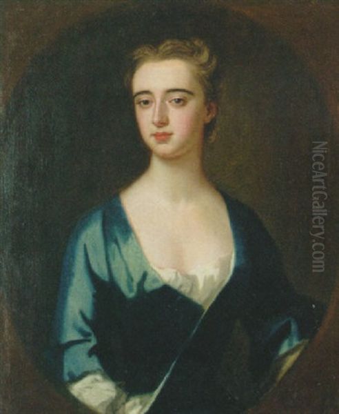 Portrait Of A Lady, (lady Anne Egerton, Duchess Of Bedford?) In A Blue Dress Oil Painting by Enoch Seeman