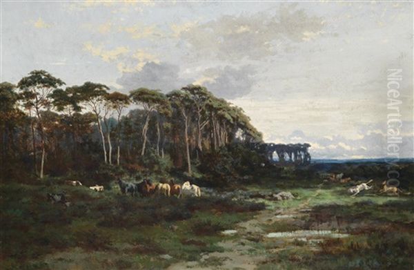 Pferde In Bewaldeter Landschaft Oil Painting by Alexandre Sege