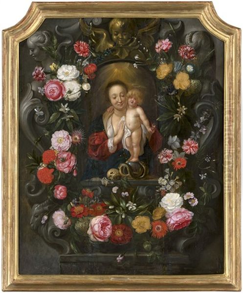 Die Madonna Mit Jesusknaben In Einer Nische, Umgeben Von Einer Blumengirlande Oil Painting by Daniel Seghers