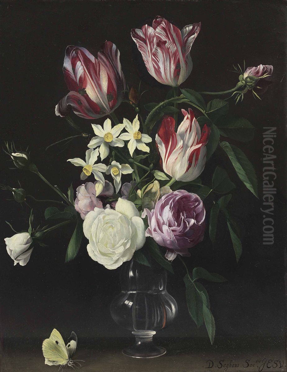 Roses, Tulips, And Narcissi In A Glass Vase, With A Butterfly, On A Ledge Oil Painting by Daniel Seghers