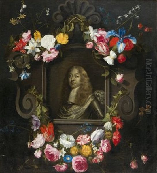 Steinerne Kartusche Mit Drei Blumengirlanden Und Dem Bildnis Eines Kommandanten Oil Painting by Daniel Seghers