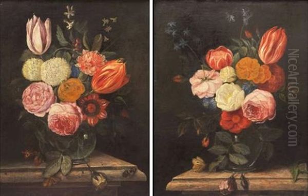 Vase De Fleurs Et Papillons Sur Un Entablement (pair) Oil Painting by Daniel Seghers