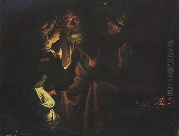 Three Figures In Discussion In A Candle-lit Interior Oil Painting by Gerard Seghers