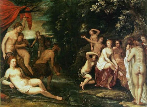 Diana With Her Attendant Nymphs In A Grotto With Actaeon Approaching Oil Painting by Gerard Seghers