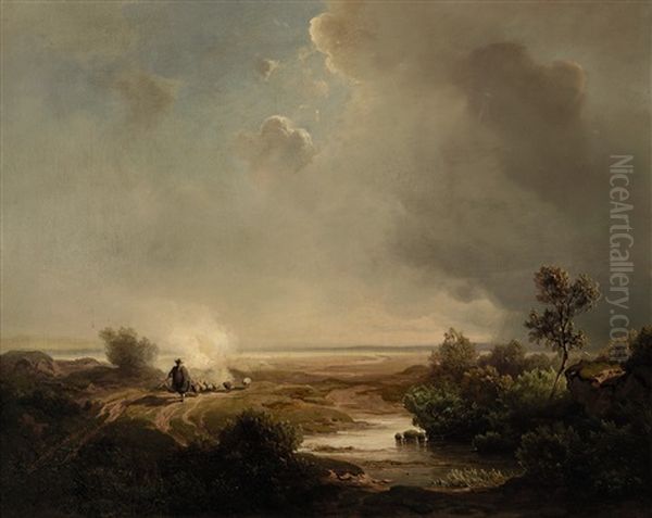 Schafer Mit Seiner Herde Auf Staubiger Strase Oil Painting by Franz Seidel