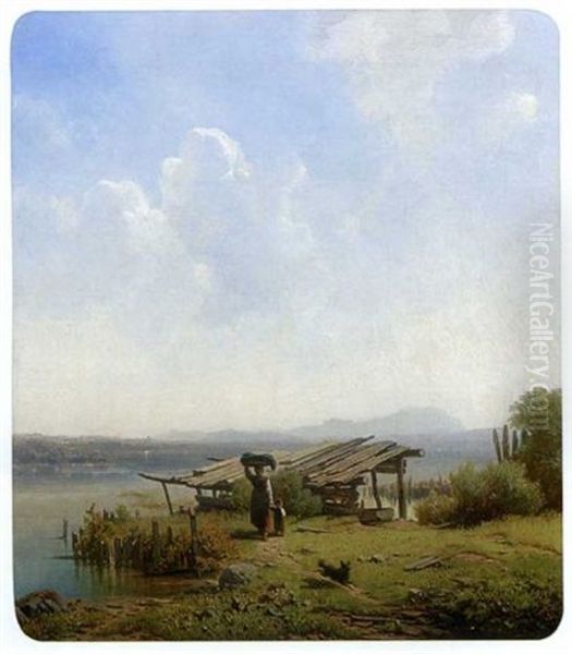 Wascherin Mit Kleinem Kind Und Hund Am Seeufer Oil Painting by Franz Seidel