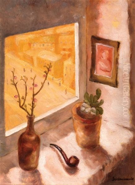 Plants On The Windowsill Oil Painting by Efraim Seidenbeutel