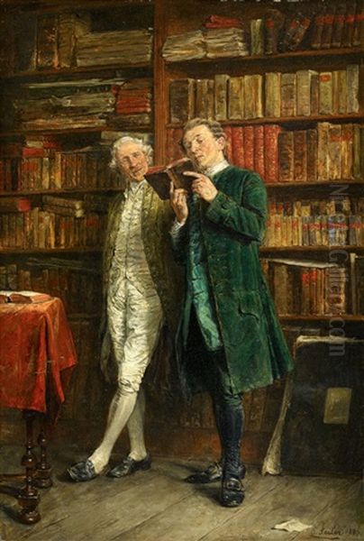 Two Men In A Library Oil Painting by Carl Seiler