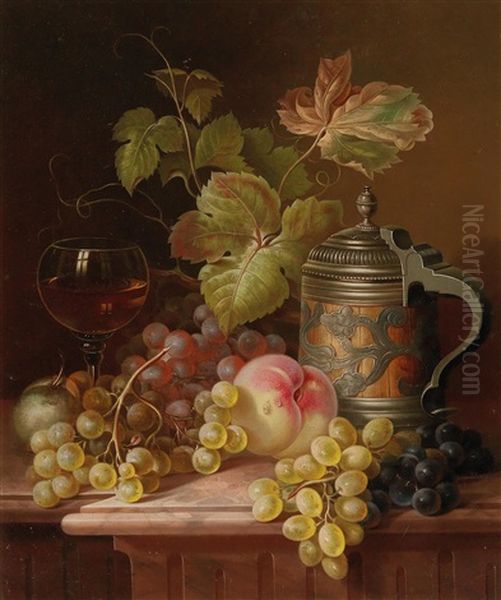 Still Life With Grapes, Wineglass And Pewter Tankard Oil Painting by Georg (Johann G.) Seitz